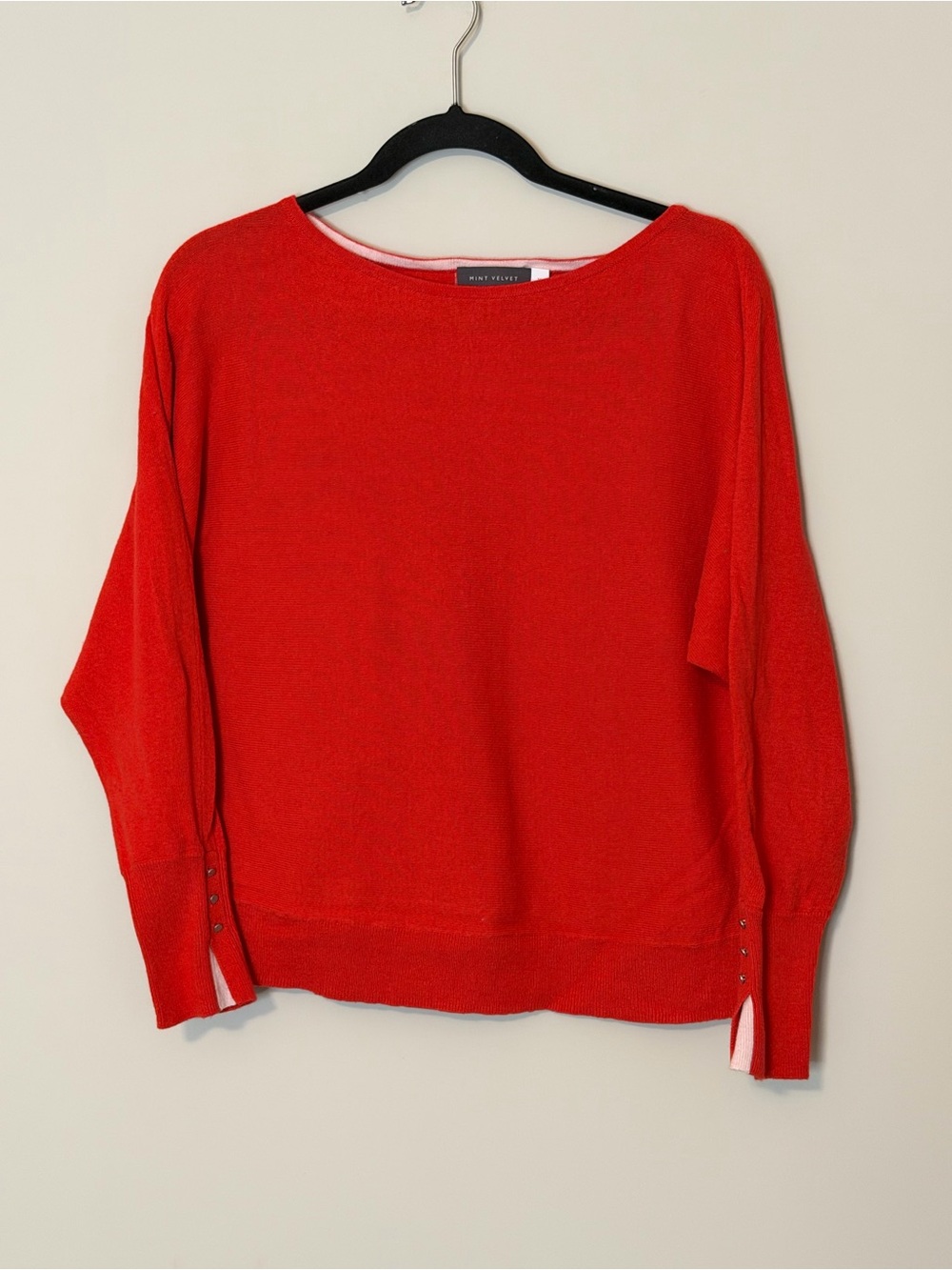 Mint Velvet Women’s M Orange Red Knit Sweater White Stripe Back Snap Cuffs